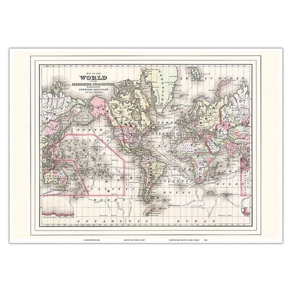 Map of the World - On the Mercator Projection - Exhibiting the American Continent at its Center - Vintage Map c.1887 - Master Art Print 10in x 14in