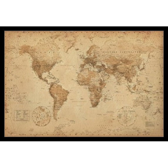 Map of the World (anitque style, miller projection) Laminated & Framed Poster (36 x 24)