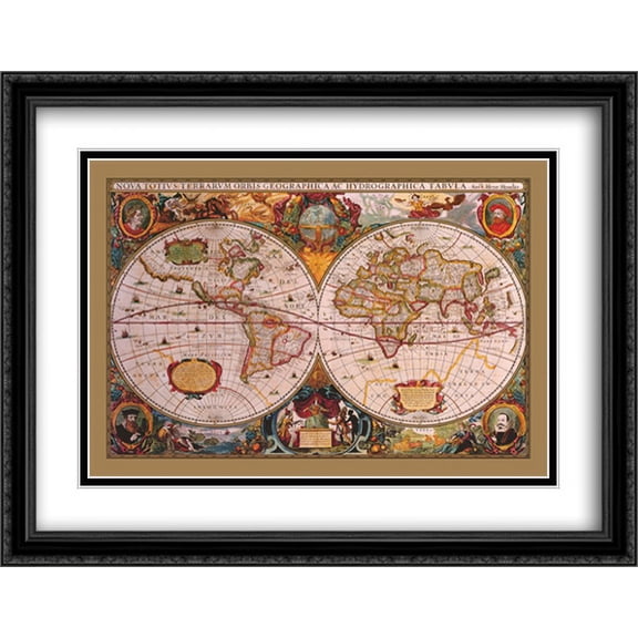 Map of the World (antique style) 2x Matted 40x28 Large Black Ornate Framed Art Print