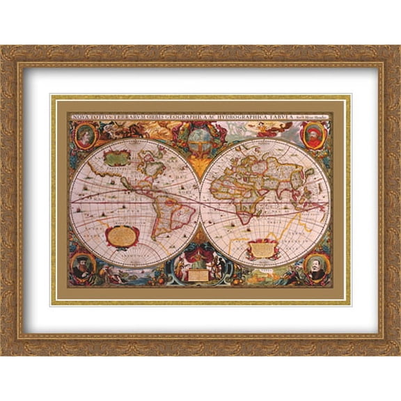 Map of the World (antique style) 2x Matted 40x28 Large Gold Ornate Framed Art Print