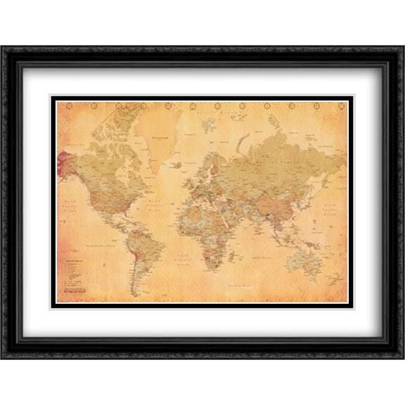 Map of the World, vintage (mercator projection) 2x Matted 40x28 Large Black Ornate Framed Art Print
