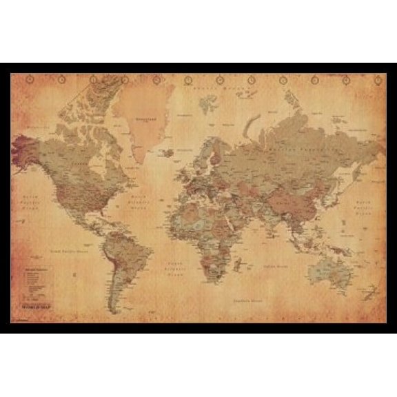 Map of the World, vintage (mercator projection) Laminated & Framed Poster (36 x 24)