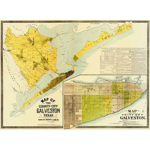 Map of the county and city of Galveston, Texas, 1891 Poster Print by Island City Abstract and Loan Co. (18 x 24)