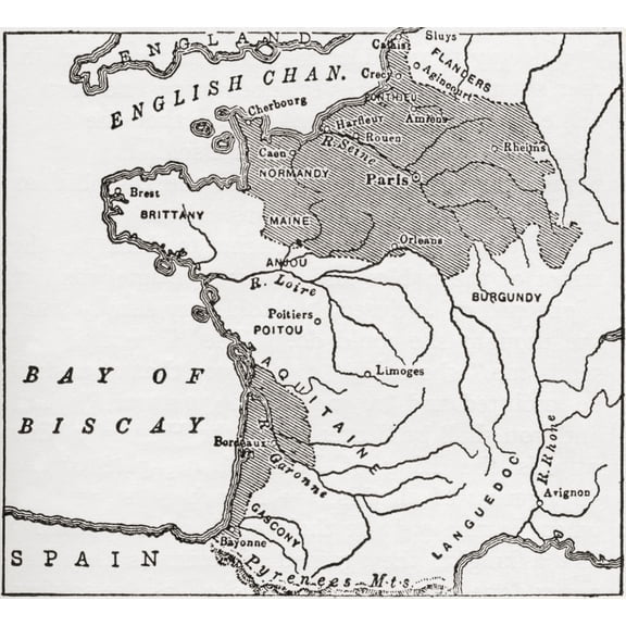 Map showing French territory held by the English when Jeanne dArc appeared 1429 Illustrated Easy Stories from English History Canvas Art - Ken Welsh Design Pics (28 x 26)
