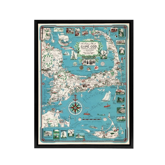 Map vintage Cape Cod Massachusetts Black Framed Canvas Wall Art Print 12X16"