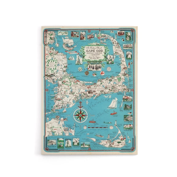 Map vintage Cape Cod Massachusetts Canvas Wall Art Print 24X32"