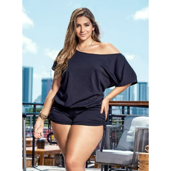 Mapale 5736X Plus Size Loose Fit Romper With Drawstring