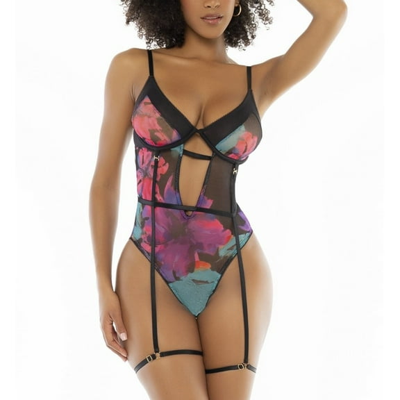 Mapale Underwire Teddy with Strappy Garters (8774),L/XL,Black Dream Flower