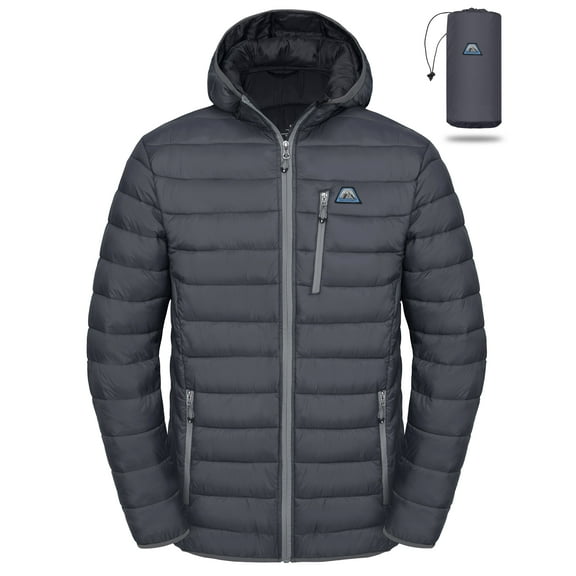 Mapamyumco Men's Packable Lightweight Puffer Jacket Hooded Windproof Winter Coat with Recycled Insulation Grey L