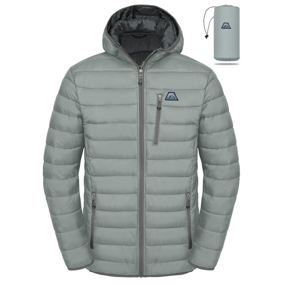 Mapamyumco Men's Packable Lightweight Puffer Jacket Hooded Windproof Winter Coat with Recycled Insulation Light Grey S