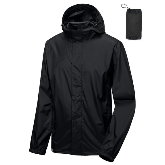 Mapamyumco Men's Rain Jacket Waterproof Hooded Outdoor LightWeight Rain Shell Coat Packable Black L