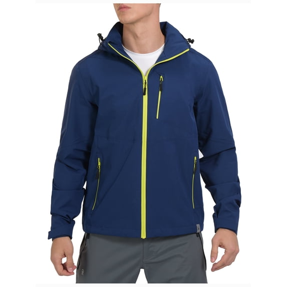 Mapamyumco Men's Waterproof Windproof Light Jacket, Breathable Stretch Rain Jacket Removable Hood for Hiking Travel Golf Dark Blue 2XL