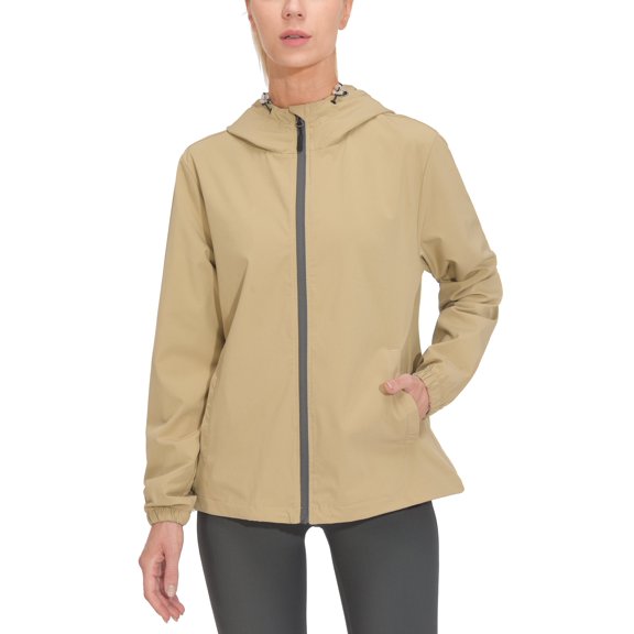 Mapamyumco Women's Windproof Lightweight Jacket Hooded Running Windbreaker for Golf Hiking, Spring Jacket UPF50+ Travertine XL