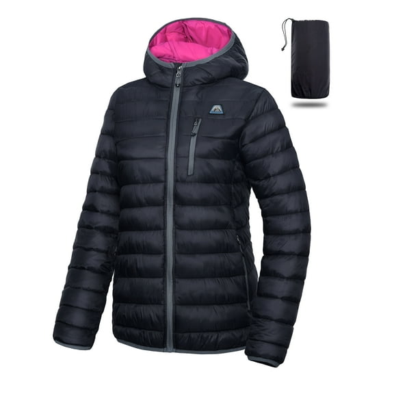 Mapamyumco Women's Puffer Jacket, Lightweight Hooded Winter Coat Windproof and Packable Black XL
