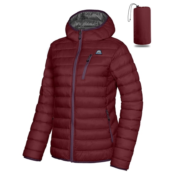 Mapamyumco Women's Puffer Jacket, Lightweight Hooded Winter Coat Windproof and Packable Dark Red L