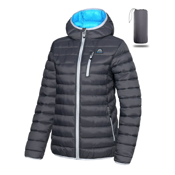 Mapamyumco Women's Puffer Jacket, Lightweight Hooded Winter Coat Windproof and Packable Grey XL