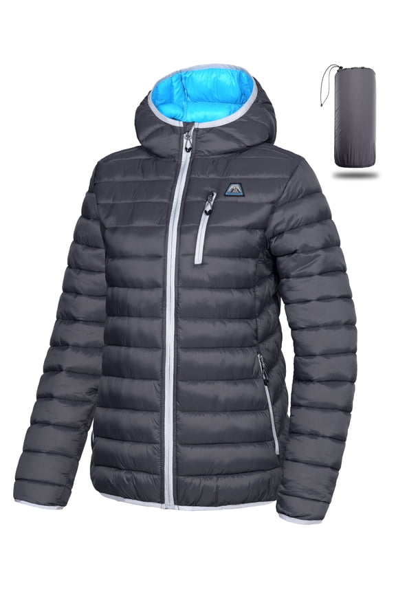 Mapamyumco Women's Puffer Jacket, Lightweight Hooded Winter Coat Windproof and Packable Grey XL
