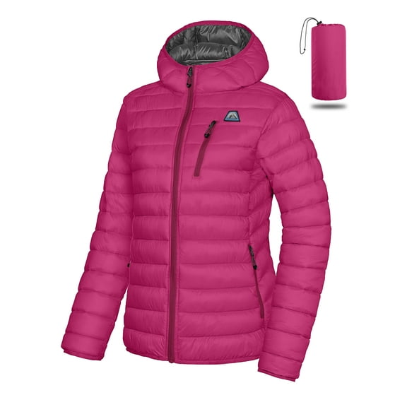 Mapamyumco Women's Puffer Jacket, Lightweight Hooded Winter Coat Windproof and Packable Rose L