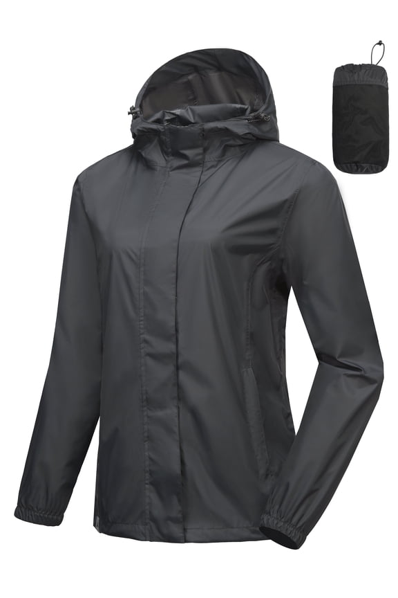 Mapamyumco Women's Rain Jacket Waterproof Hooded Outdoor LightWeight Rain Shell Coat Packable Gray L