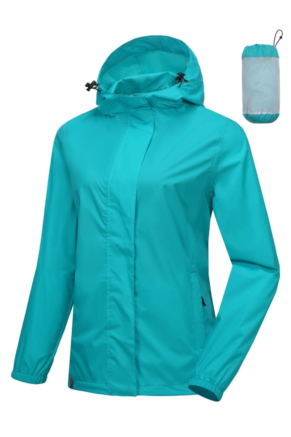 Mapamyumco Women's Rain Jacket Waterproof Hooded Outdoor LightWeight Rain Shell Coat Packable Scuba Blue L