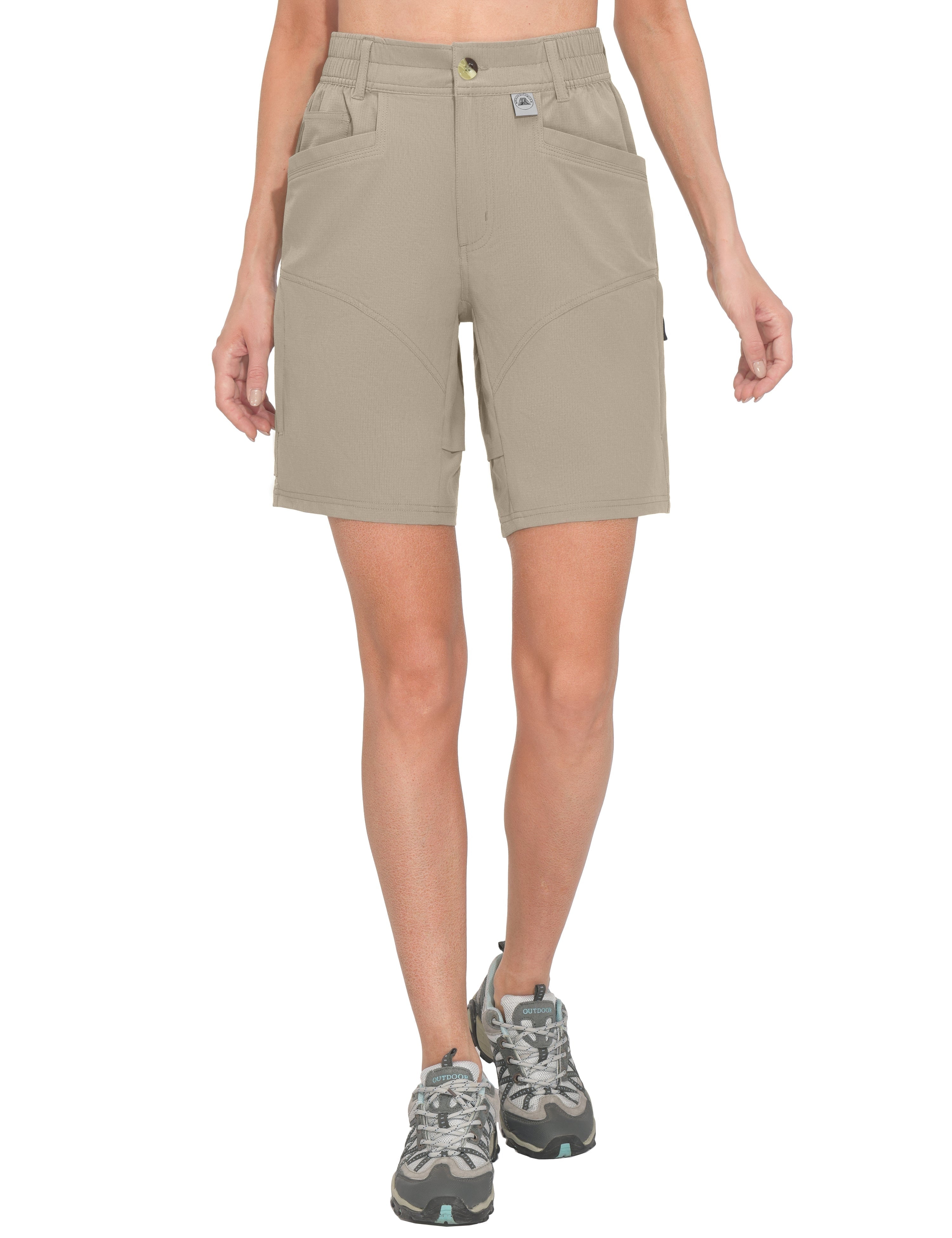 Mapamyumco Womens Hiking Cargo Shorts, Quick Dry 9 Inch Cargo Shorts Women for Golf Hiking Travel, Stretch Lightweight with 9 Pockets Khaki M