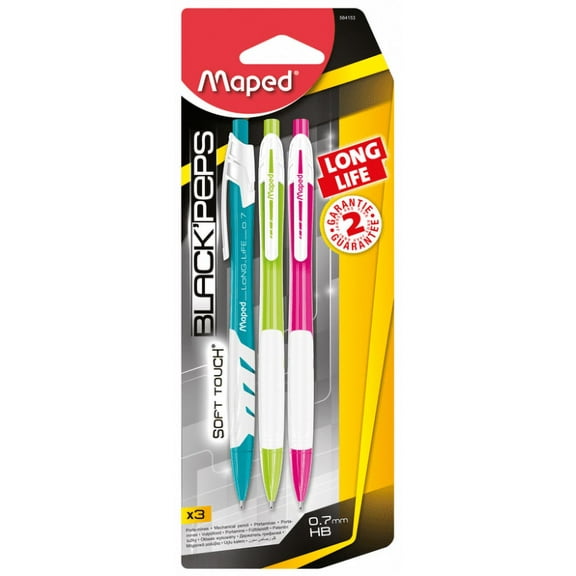 Maped Black Peps Mechanical Pen Long Life Soft Touch 0.7 mm HB 3 Count