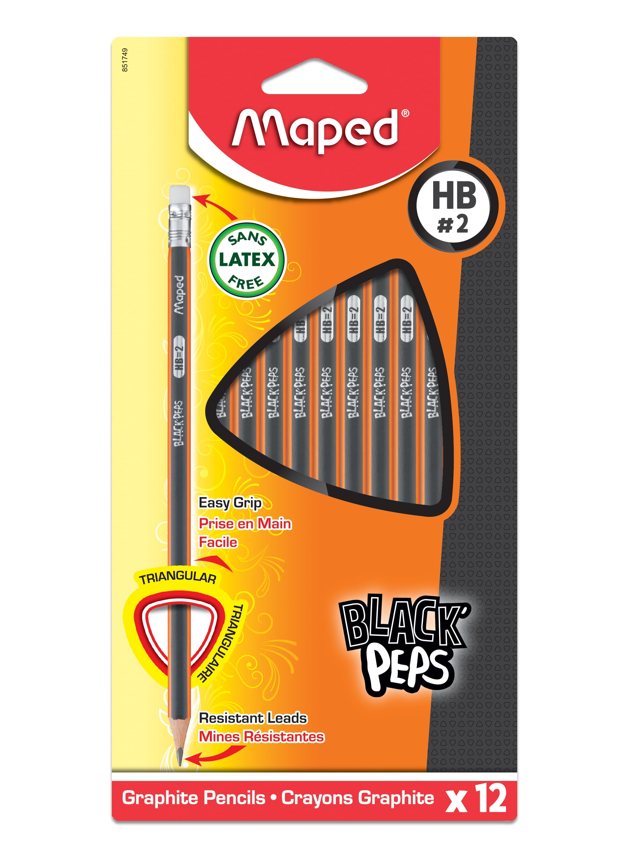 Maped Black'Peps Triangular Pencils, #2 HB Lead, Black, 12 Count Pack
