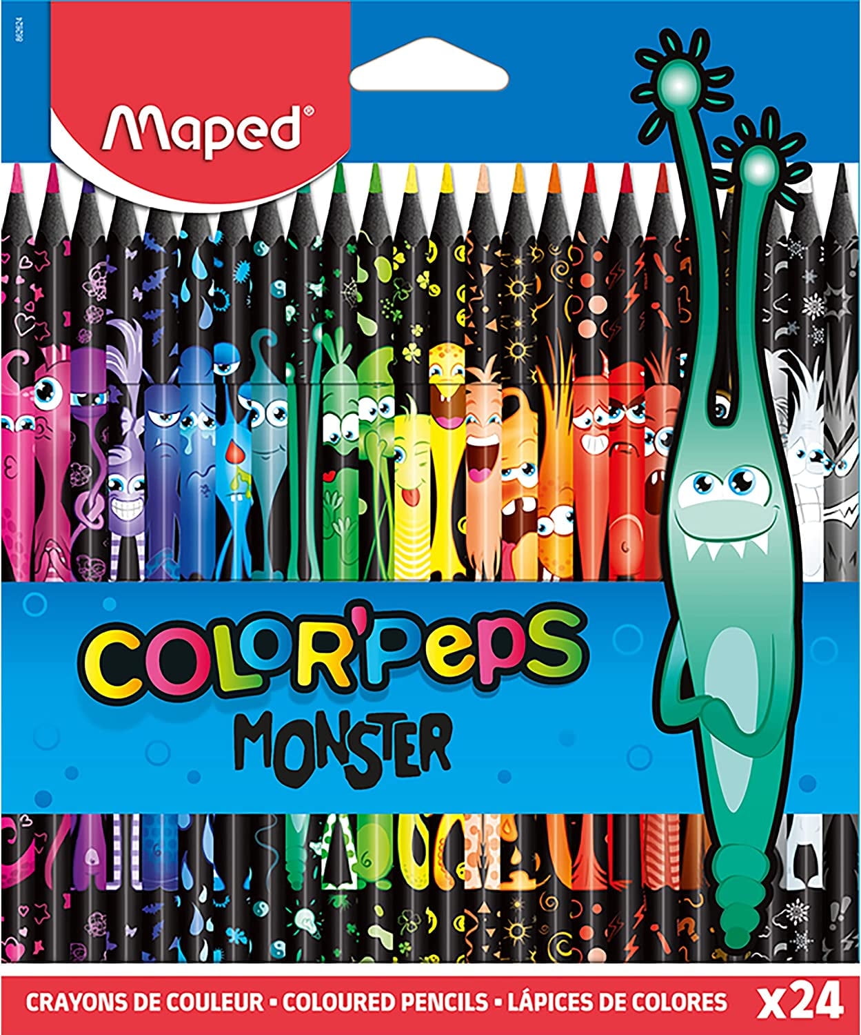 Maped Color'Peps Monster-24 Fun and Original Colouring Pencils - Bright Colours and Strong Lead - Pack of 24 Monster Decorated Pencils in Resin, 862624