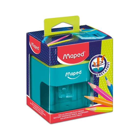 Maped Compact Battery Powered 1-Hole Pencil Sharpener with Translucent Shavings Container
