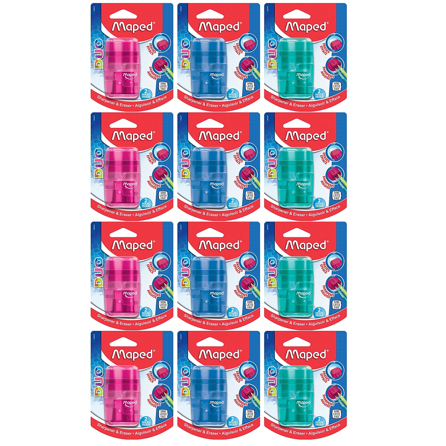 Maped Connect DUO 2 Hole Sharpener / Eraser Combo, Assorted Colors, Pack of 12