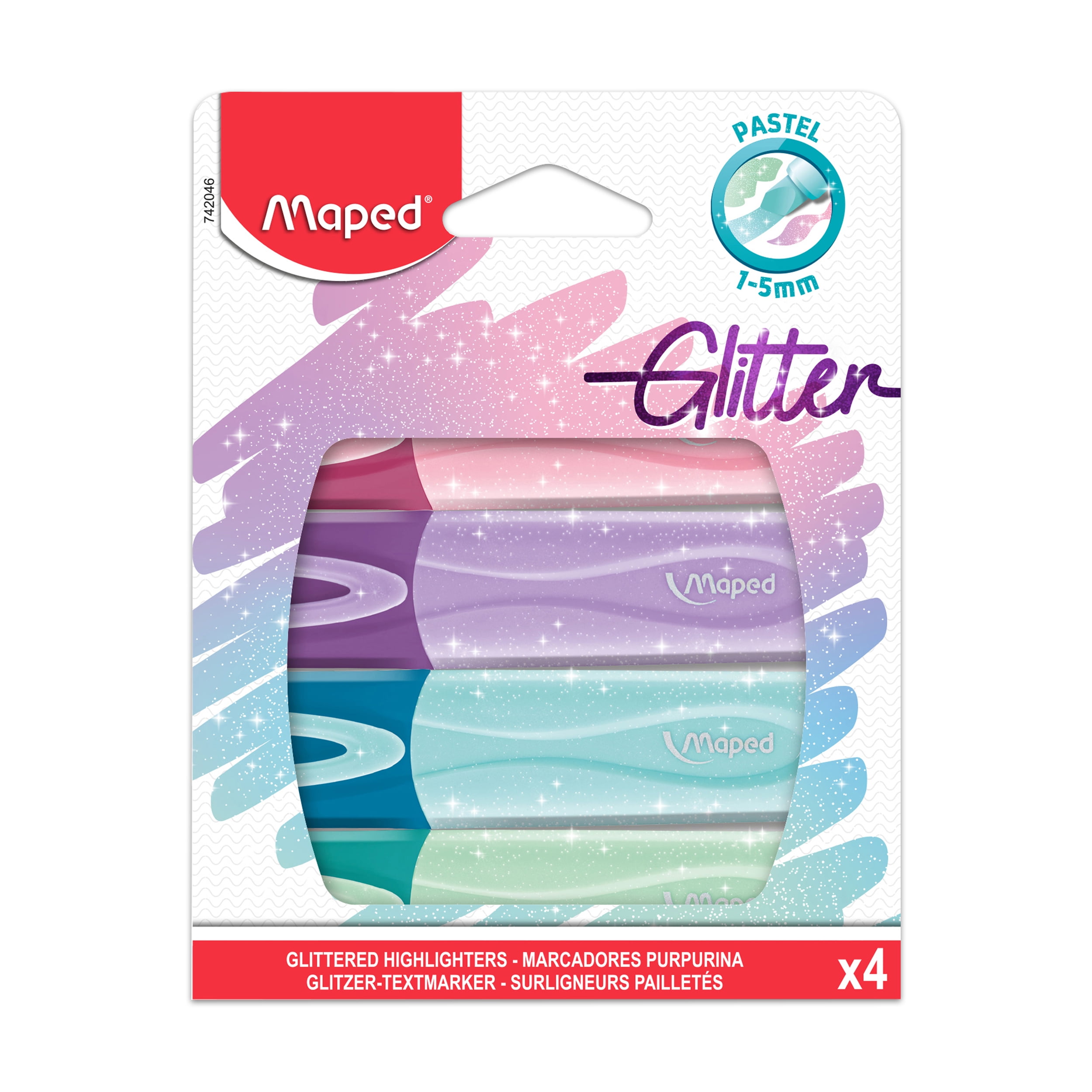 Maped Fluo Peps Glitter Highlighters in Pastel Colors - 4 Pack, Multicolor  
