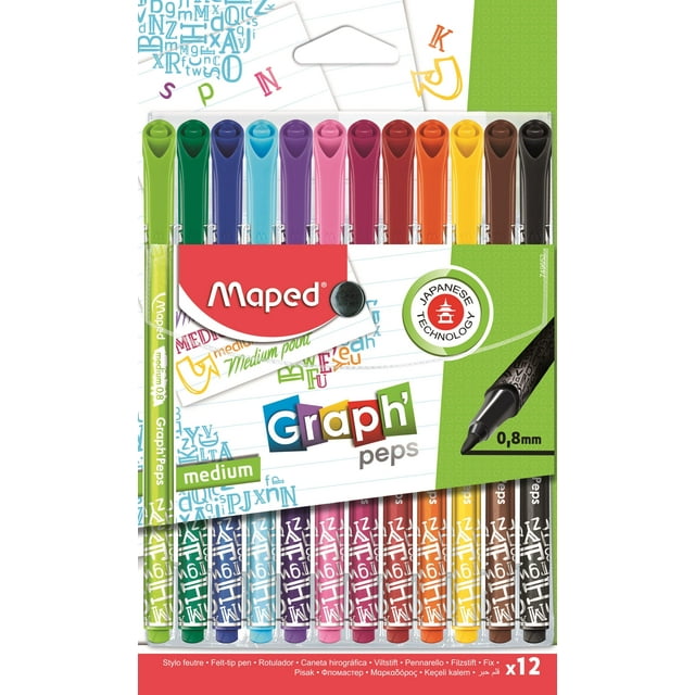 Maped Graph'Peps Medium Tip Triangular Felt Pens in Reusable Case - 12 Colors, Multi-Color