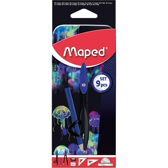 Maped Deep Sea Paradise 9-Piece Math Set with 2 Compasses, Pencil, Eraser, Sharpener, and Metal Storage Sleeve