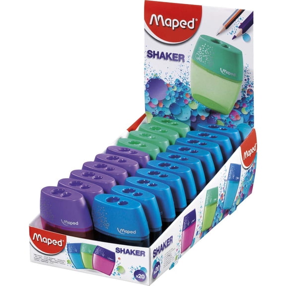 Maped Shaker 2 Hole Canister Pencil Sharpener, Pack of 20, Assorted Colors (534755)