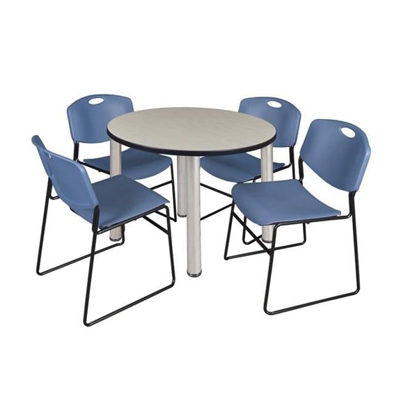 Maple 42 in. Kee Round Breakroom Table with Chrome & Blue 4 Zeng Stack Chairs