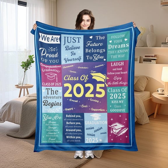 [Maple] [60x50inch] Blue gift for graduation with a flannel blanket with a hat cozy plush blanket with text print creative gift