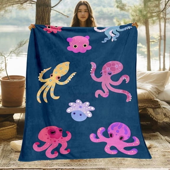 [Maple] [60x50inch] Colorful octopus sea creature blanket flannel ocean theme kids bedroom decor soft plush blanket marine life design