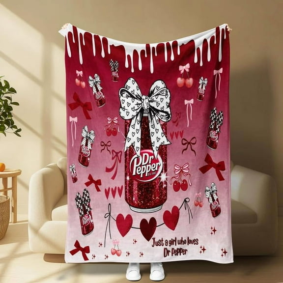[Maple] [60x50inch] Dr Pepper Flannel Throw Blanket with Bows & Soda Bottle Prints, Soft Lightweight Warm Bed Sofa Office Travel Gift for Soda Fans