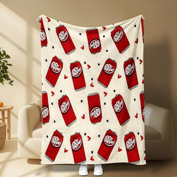 [Maple] [60x50inch] Dr Pepper Soda Can Themed Blanket with Heart Accents, Fun Cozy Design, Lightweight Soft for Sofa Bed Office Nap Travel Gift