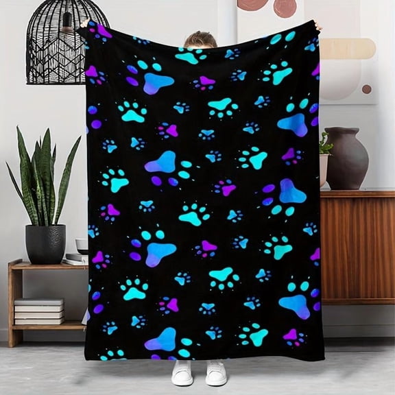 [Maple] [60x50inch] Paw Print Flannel Blanket Colorful Gradient Pattern Soft Cozy Warm Throw For Home Couch Bed Decor Pet Lover Gift Idea