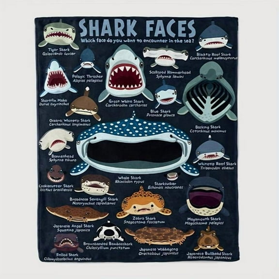 [Maple] [60x50inch] Soft Funny Throw Blanket Coastal Style Shark Faces Flannel All-Season Knitted,Multipurpose For Travel,Camping,Sofa Animal Theme Printed Blanket
