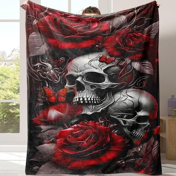[Maple] [60x50inch] Soft Funny Throw Blanket Gothic Skull Print Flannel Blanket,Casual Throw,Warm Napping For Home Office School Travel