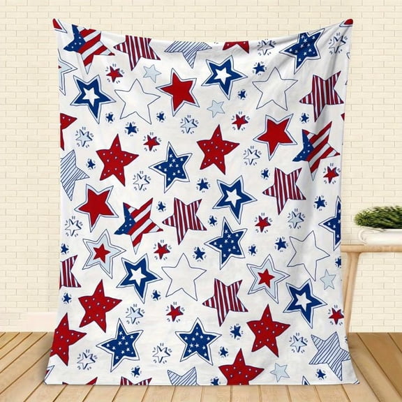[Maple] [60x50inch] Soft Funny Throw Blanket Patriotic Star Print Fleece,All-Season Cozy Knitted,Red,White,And Blue American Flag Design For Home And Office Decor,Allseason Blanket Patriotic Decor