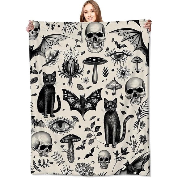 [Maple] [60x50inch] Spooky Goth Blanket Gothic Black Cats, Skulls, and Bats Throw Blankets Gifts for Girls Boys Adults Lightweight Soft Fleece Cozy for Sofa Couch Bed Room Travel Birthday Halloween