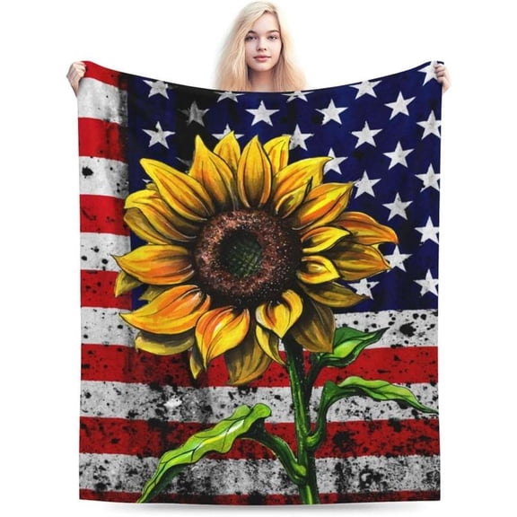 [Maple] [60x50inch] Sunflower American Flag Blanket USA Flag Soft Warm Throw Print Blanket for Couch Bed 60 X 50 Inch