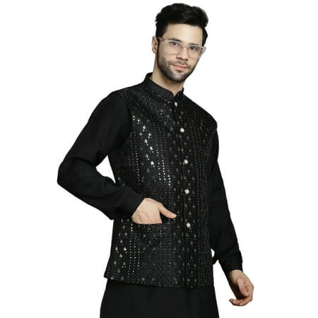 Maple Clothing Chikankari Nehru Jacket Men's Traditional India Modi Waistcoat Vest Guest Outfit (Black, S)