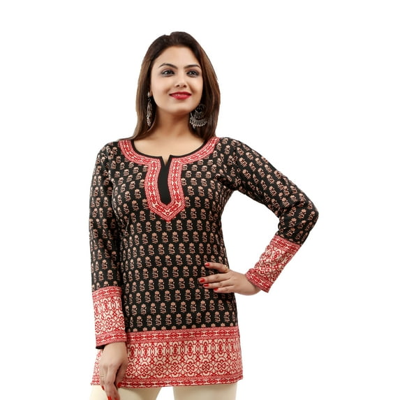 Maple Clothing India Tunic Top Kurti Womens Printed Blouse Indian Apparel (Black, XS)