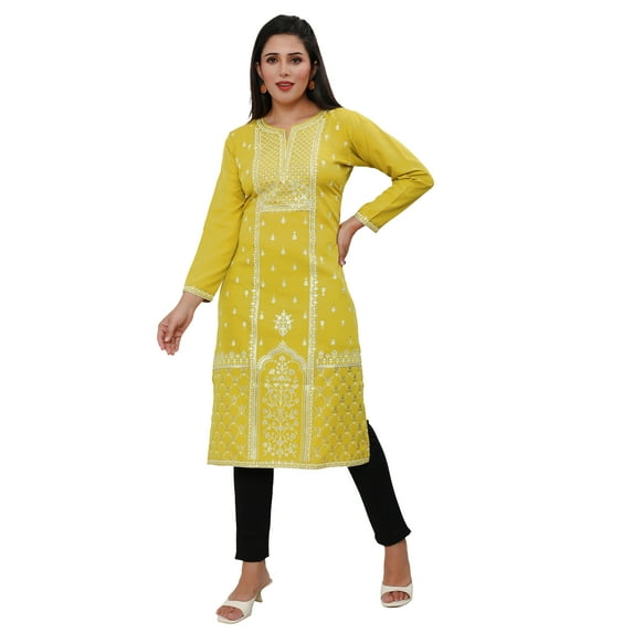 Maple Clothing Indian Dresses for Women Printed Long Kurta Party Wear (Yellow, XL)