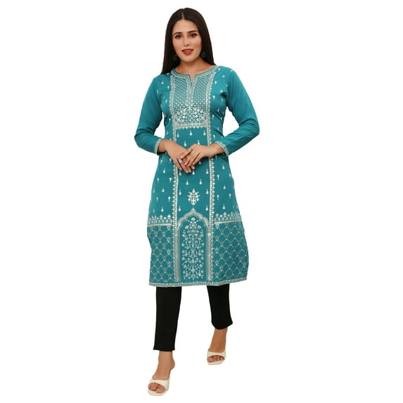Maple Clothing Indian Dresses for Women Printed Long Kurti (Turquoise, XL)