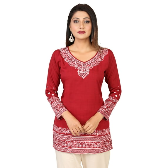 Maple Clothing Indian Kurtis Tops Tunics Women's India Clothes (Maroon, L)